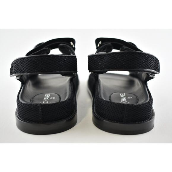 Chanel 21C Black Fabric Silver Logo Mule Slide Strap Flat Teva Dad Sandal 37.5 - Picture 11 of 12